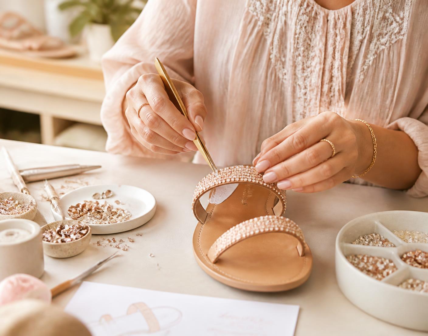 Artesã aplicando cristais em um cabedal no atelier